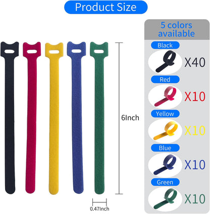 6 Inches Multi-Colour Reusable Cable Ties Cord Straps Multi-Purpose Wire Ties Cord Wrap Hook and Loop V1258-DP02-WO-982
