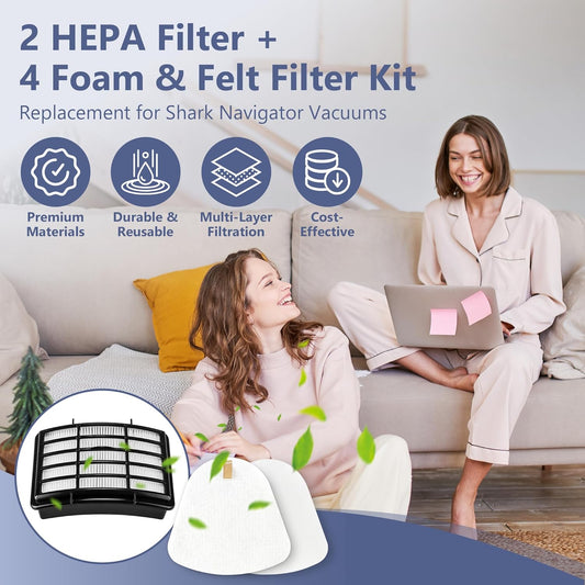 2 HEPA + 4 Foam & Felt Filters Compatible with Shark Navigator Lift-Away Deluex NV350, NV351, NV352, NV355, V1258-DP02-WO-993