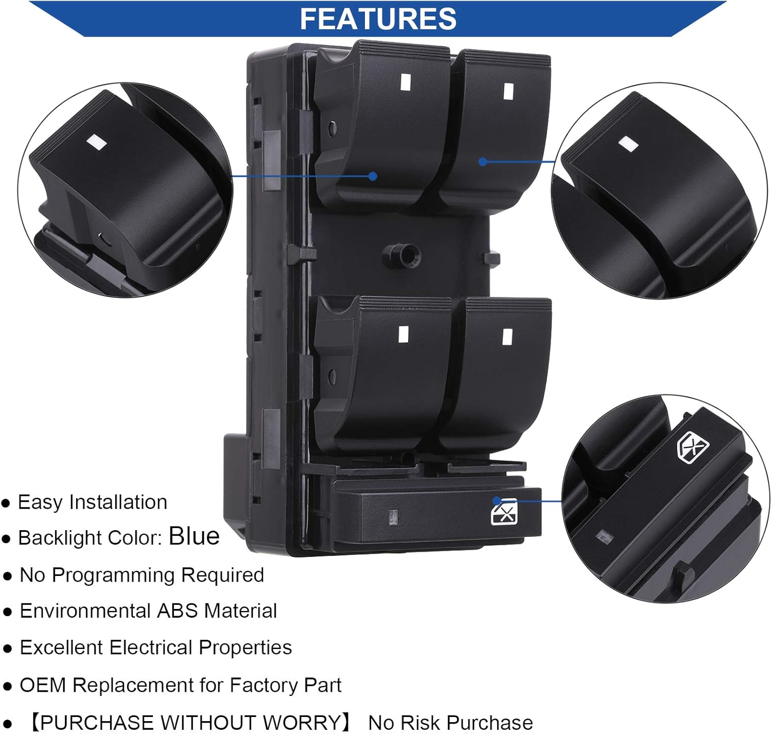 Driver Side Power Master Window Switch, Compatible with Chevy Silverado/Chevrolet Traverse/HHR/2007-2013 GMC V1258-DP02-WO-996