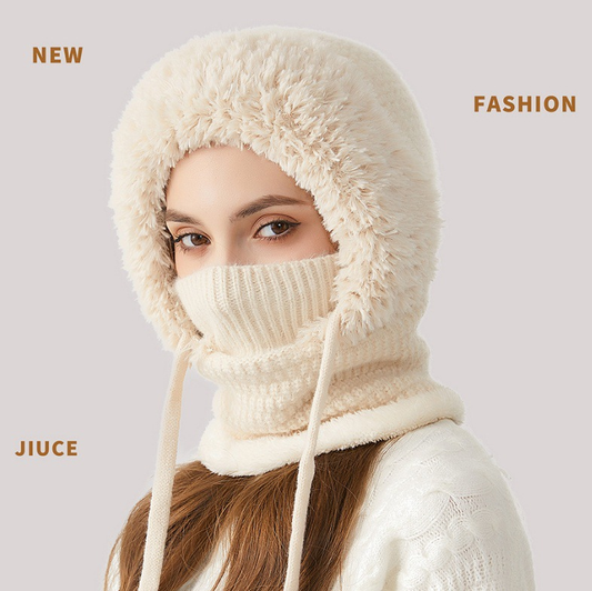 Winter Corn Velvet Hooded Scarf Mask Set - Thick Fleece Lined Knit Cap for Women - Warm Balaclava Neck Warmer V1258-DROP002-HAT-02-BGE