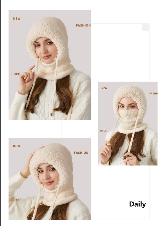 Winter Corn Velvet Hooded Scarf Mask Set - Thick Fleece Lined Knit Cap for Women - Warm Balaclava Neck Warmer V1258-DROP002-HAT-02-BGE