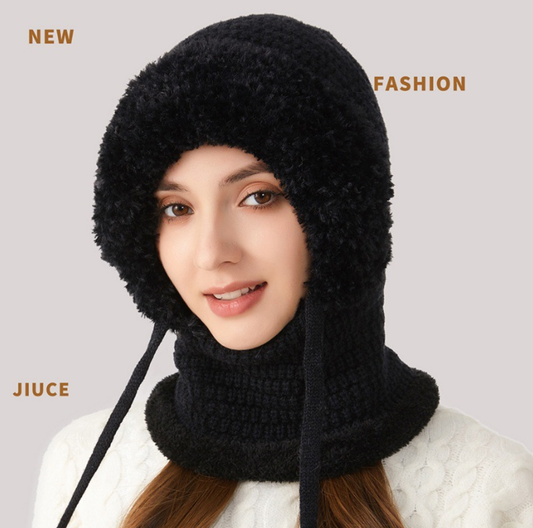 Winter Corn Velvet Hooded Scarf Mask Set - Thick Fleece Lined Knit Cap for Women - Warm Balaclava Neck Warmer V1258-DROP002-HAT-02-BLK