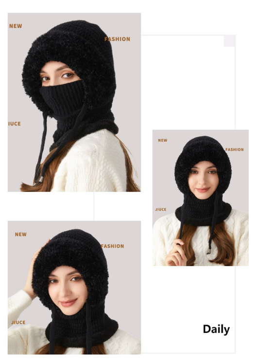 Winter Corn Velvet Hooded Scarf Mask Set - Thick Fleece Lined Knit Cap for Women - Warm Balaclava Neck Warmer V1258-DROP002-HAT-02-BLK