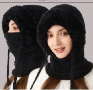 Winter Corn Velvet Hooded Scarf Mask Set - 3-in-1 Thermal Fleece Lined Balaclava for Extreme Cold - Windproof V1258-DROP002-HAT-02-BLK-2PACK-SAME