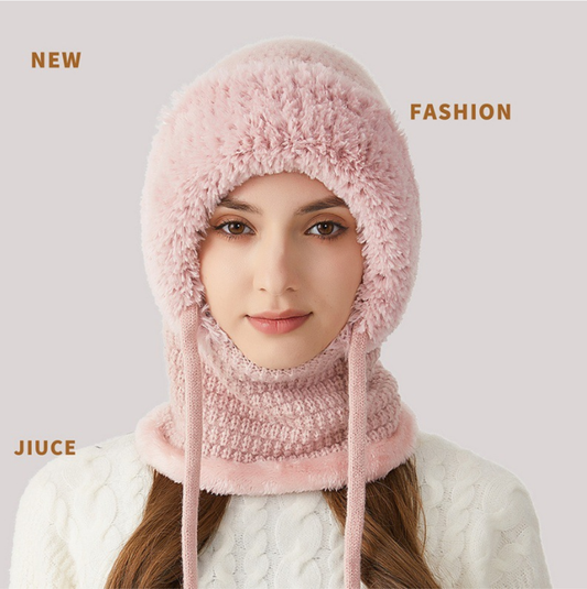 Winter Corn Velvet Hooded Scarf Mask Set - Thick Fleece Lined Knit Cap for Women - Warm Balaclava Neck Warmer V1258-DROP002-HAT-02-GRY
