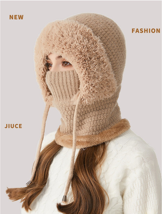 Winter Corn Velvet Hooded Scarf Mask Set - 3-in-1 Thermal Fleece Lined Balaclava for Extreme Cold - Windproof V1258-DROP002-HAT-02-KH-2PACK-SAME