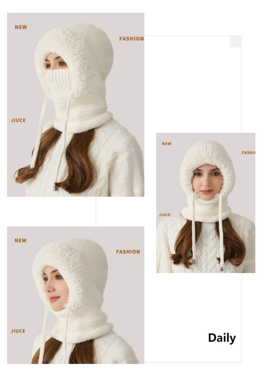 Winter Corn Velvet Hooded Scarf Mask Set - Thick Fleece Lined Knit Cap for Women - Warm Balaclava Neck Warmer V1258-DROP002-HAT-02-OFF
