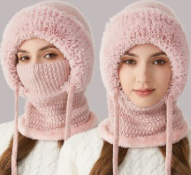 Winter Corn Velvet Hooded Scarf Mask Set - 3-in-1 Thermal Fleece Lined Balaclava for Extreme Cold - Windproof V1258-DROP002-HAT-02-PNK-2PACK-SAME