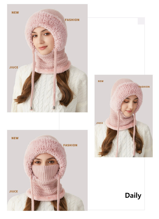 Winter Corn Velvet Hooded Scarf Mask Set - 3-in-1 Thermal Fleece Lined Balaclava for Extreme Cold - Windproof V1258-DROP002-HAT-02-PNK-2PACK-SAME
