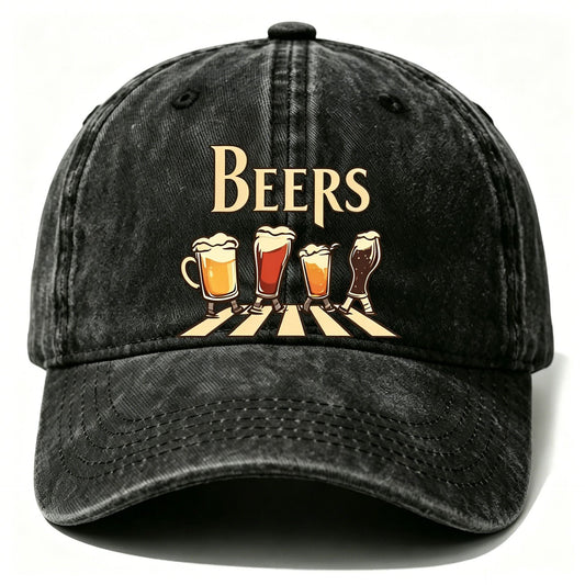 Washed Distressed Beer Print Baseball Cap - Vintage Cotton Adjustable Dad Hat for Men - Outdoor Sun V1258-DROP002-HAT-03-BLK
