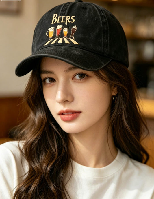 Washed Distressed Beer Print Baseball Cap - Vintage Cotton Adjustable Dad Hat for Men - Outdoor Sun V1258-DROP002-HAT-03-BLK