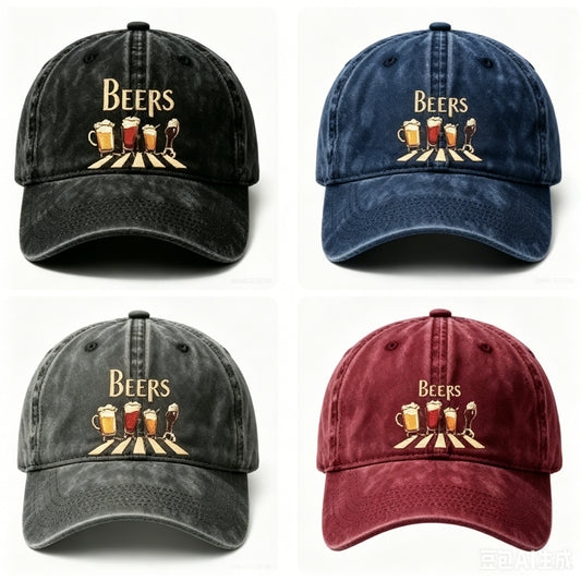 Washed Distressed Beer Print Baseball Cap - Vintage Cotton Adjustable Dad Hat for Men Women - Classic Curved V1258-DROP002-HAT-03-BLK-NAV-GRY-WINE-4PACK
