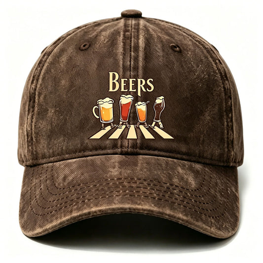 Washed Distressed Beer Print Baseball Cap - Vintage Cotton Adjustable Dad Hat for Men - Outdoor Sun V1258-DROP002-HAT-03-BRN