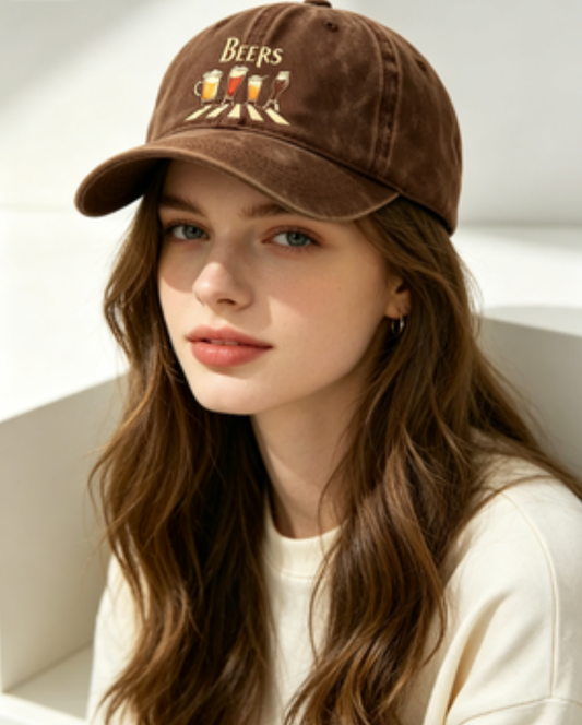 Washed Distressed Beer Print Baseball Cap - Vintage Cotton Adjustable Dad Hat for Men - Outdoor Sun V1258-DROP002-HAT-03-BRN