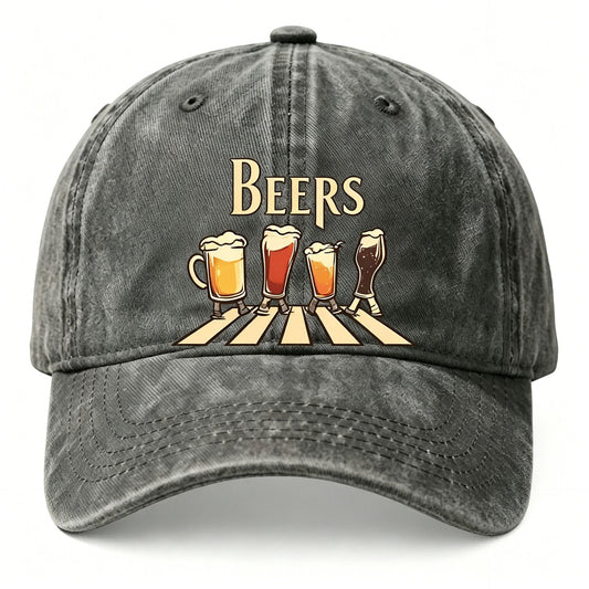 Washed Distressed Beer Print Baseball Cap - Vintage Cotton Adjustable Dad Hat for Men - Outdoor Sun V1258-DROP002-HAT-03-GRY