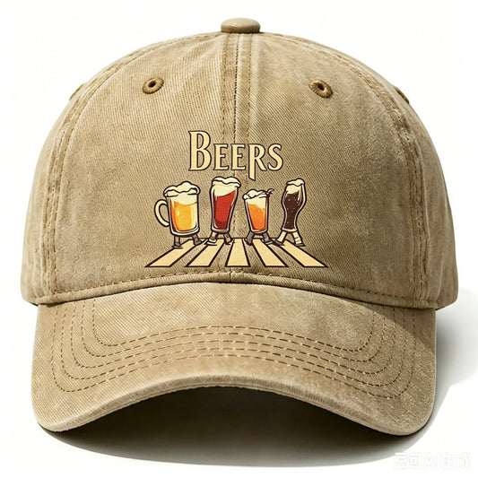 Washed Distressed Beer Print Baseball Cap - Vintage Cotton Adjustable Dad Hat for Men - Outdoor Sun V1258-DROP002-HAT-03-KH