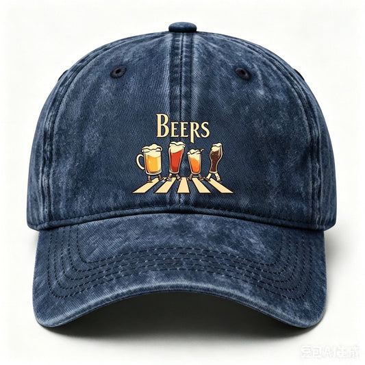 Washed Distressed Beer Print Baseball Cap - Vintage Cotton Adjustable Dad Hat for Men - Outdoor Sun V1258-DROP002-HAT-03-NAV