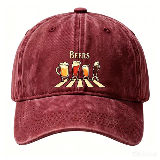 Washed Distressed Beer Print Baseball Cap - Vintage Cotton Adjustable Dad Hat for Men - Outdoor Sun V1258-DROP002-HAT-03-WINE