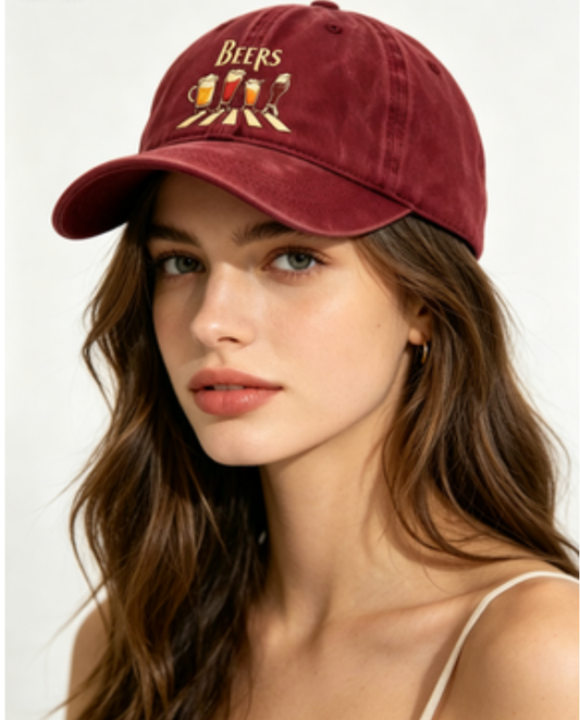 Washed Distressed Beer Print Baseball Cap - Vintage Cotton Adjustable Dad Hat for Men - Outdoor Sun V1258-DROP002-HAT-03-WINE