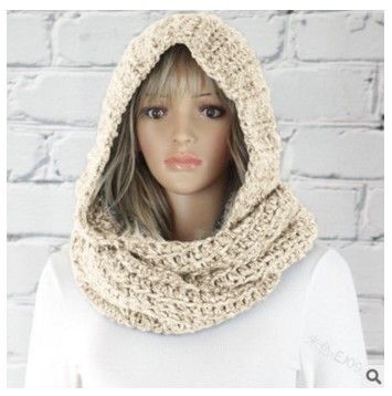 Women Winter Hooded Knit Scarf - Warm Solid Color Cape Scarf Wrap with Hood - Soft Acrylic Winter Neck Warmer V1258-DROP002-SCARF-01-BGE