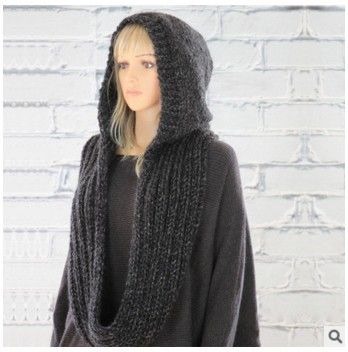 Women Winter Hooded Knit Scarf - Warm Solid Color Cape Scarf Wrap with Hood - Soft Acrylic Winter Neck Warmer V1258-DROP002-SCARF-01-BGE