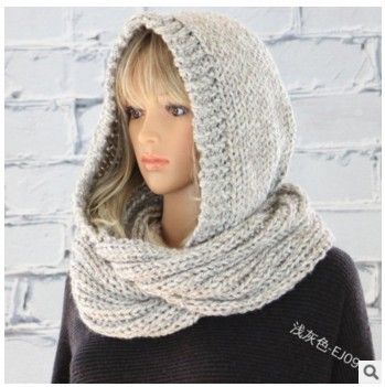 Women Winter Hooded Knit Scarf - Warm Solid Color Cape Scarf Wrap with Hood - Soft Acrylic Winter Neck Warmer V1258-DROP002-SCARF-01-GRY
