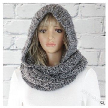 Women Winter Hooded Knit Scarf - Warm Solid Color Cape Scarf Wrap with Hood - Soft Acrylic Winter Neck Warmer V1258-DROP002-SCARF-01-GRY