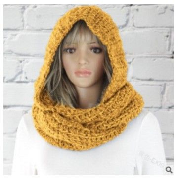 Women Winter Hooded Knit Scarf - Warm Solid Color Cape Scarf Wrap with Hood - Soft Acrylic Winter Neck Warmer V1258-DROP002-SCARF-01-YEL