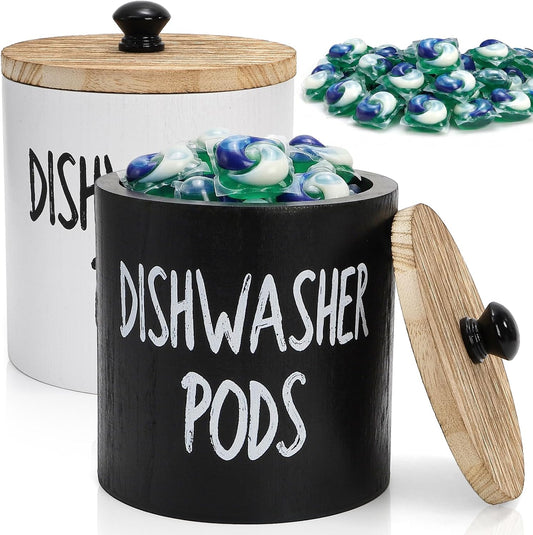 2 Pack Dishwasher Pod Container, Wood Tablet Holder with Lid, Round Laundry Pods Dispenser, Farmhouse V1259-DP01-A-1026