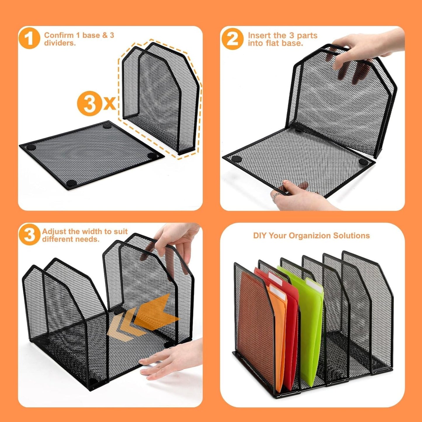 Adjustable Desk File Organizer, 5 Sections Upright Desktop Standing Wire Mesh Paper Divider, Sturdy Metal V1259-DP01-A-1029