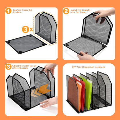 Adjustable Desk File Organizer, 5 Sections Upright Desktop Standing Wire Mesh Paper Divider, Sturdy Metal V1259-DP01-A-1029