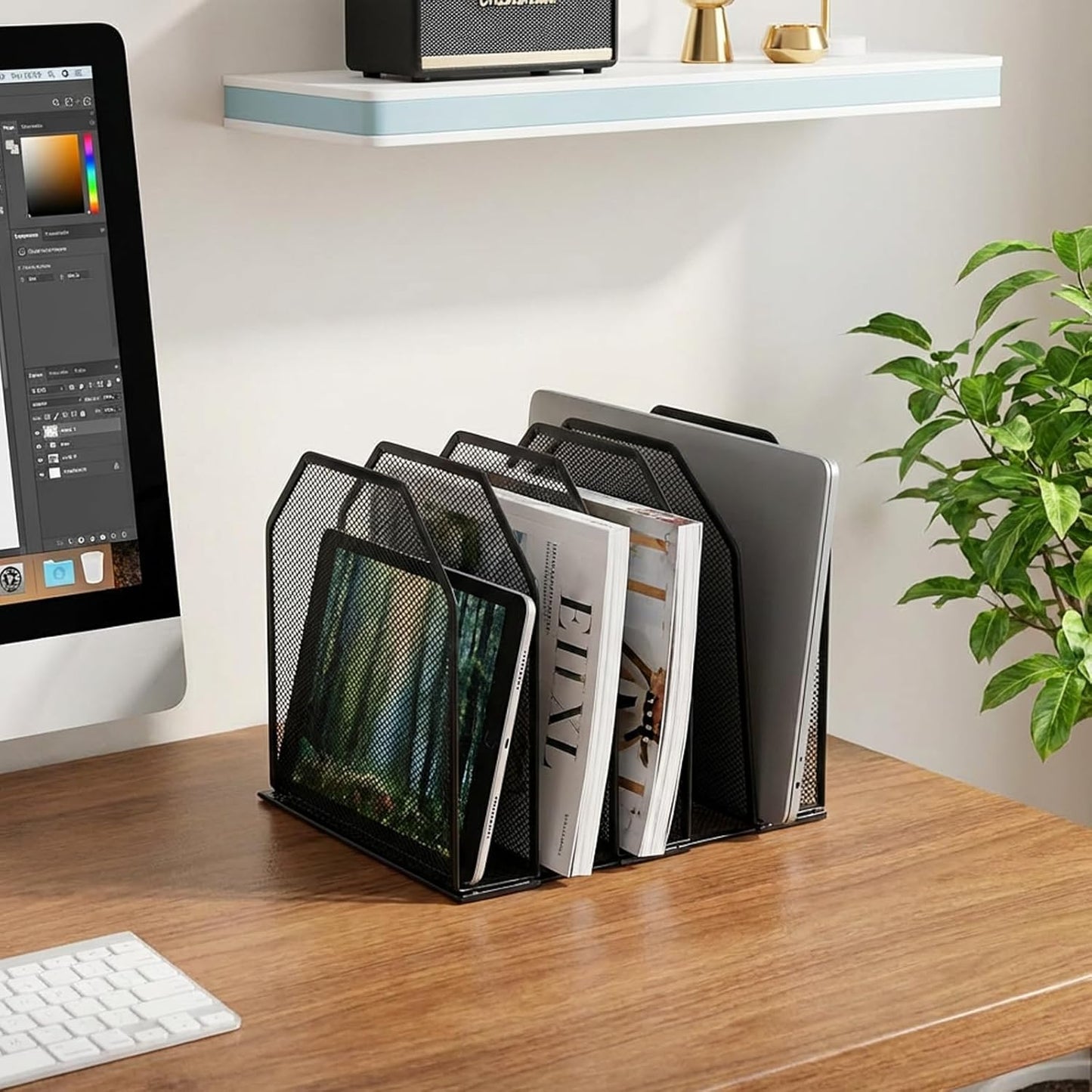 Adjustable Desk File Organizer, 5 Sections Upright Desktop Standing Wire Mesh Paper Divider, Sturdy Metal V1259-DP01-A-1029