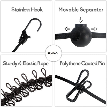 Portable Travel Clothesline, Adjustable Elastic Camping Retractable Clothesline with 12pcs Clips for Outdoor V1259-DP01-A-1043