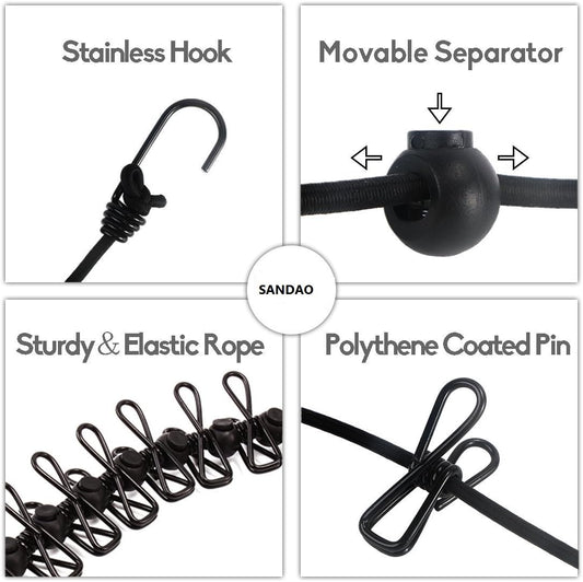 Portable Travel Clothesline, Adjustable Elastic Camping Retractable Clothesline with 12pcs Clips for Outdoor V1259-DP01-A-1043