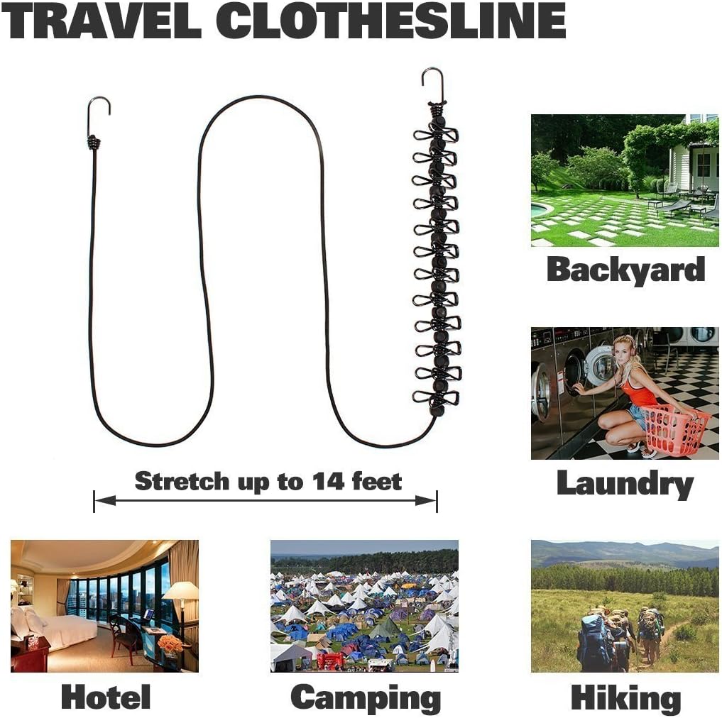 Portable Travel Clothesline, Adjustable Elastic Camping Retractable Clothesline with 12pcs Clips for Outdoor V1259-DP01-A-1043