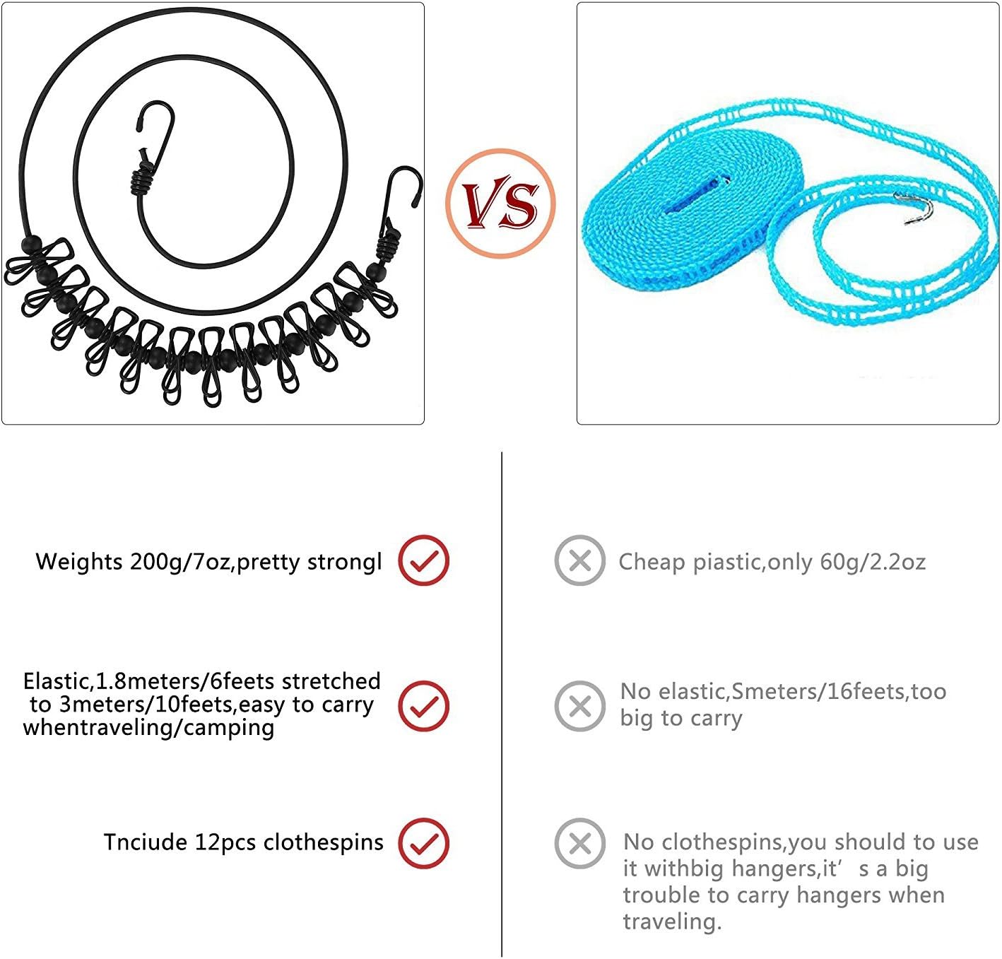 Portable Travel Clothesline, Adjustable Elastic Camping Retractable Clothesline with 12pcs Clips for Outdoor V1259-DP01-A-1043