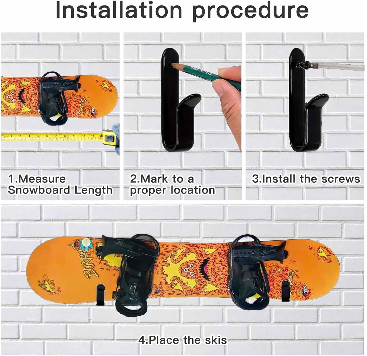 Snowboard Wall Mount & Skateboard Display Rack - Horizontal Hanger Clips for Snowboards, Longboards, V1259-DP01-A-1053