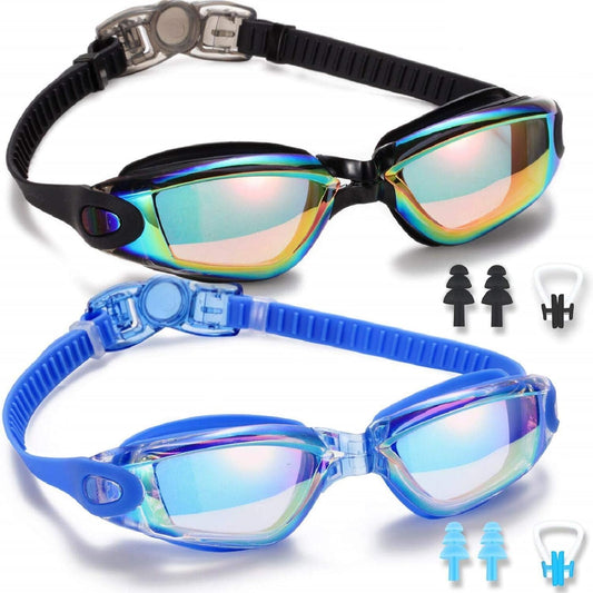 Swim Goggles, 2 Pack Swimming Goggles for Adult Men Women Youth Kids Child Black/Blue(mirrored) V1259-DP01-A-1063