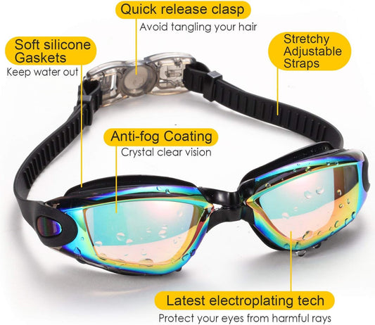 Swim Goggles, 2 Pack Swimming Goggles for Adult Men Women Youth Kids Child Black/Blue(mirrored) V1259-DP01-A-1063