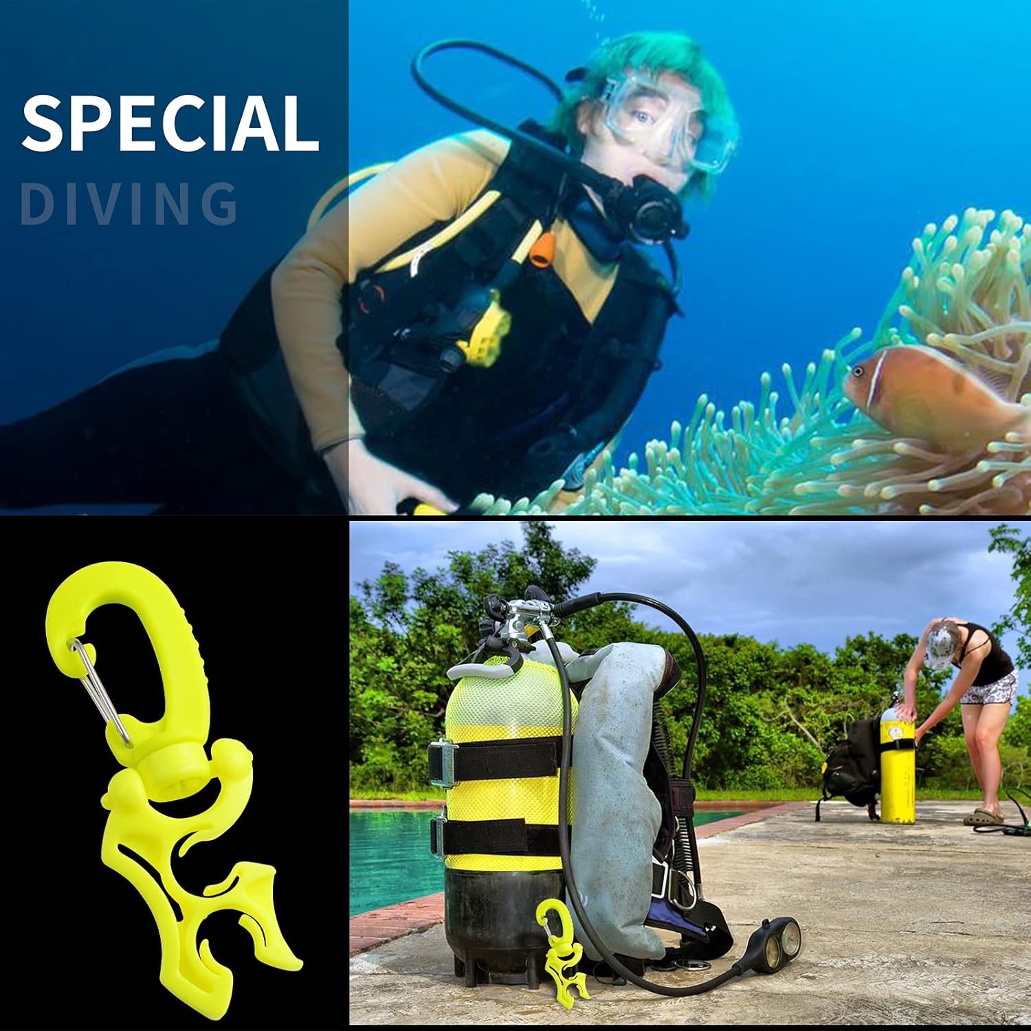2 Packs Scuba Hose Clip Diving Holder Clip, Double BCD Dive with Snap Hook Buckle for Snorkeling Accessories V1259-DP01-A-1066