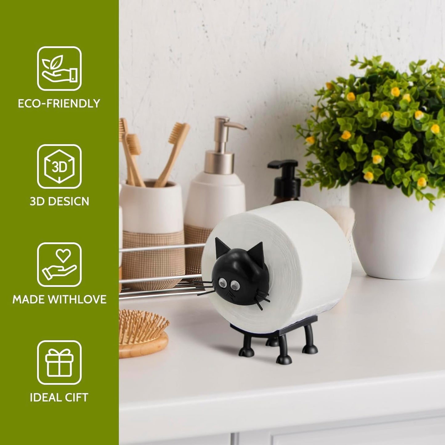 Cat Toilet Roll Holder: Tissue Paper Storage Stand - 3D Printed Black Loo Holder Bathroom Set for Shelf V1259-DP01-A-1073