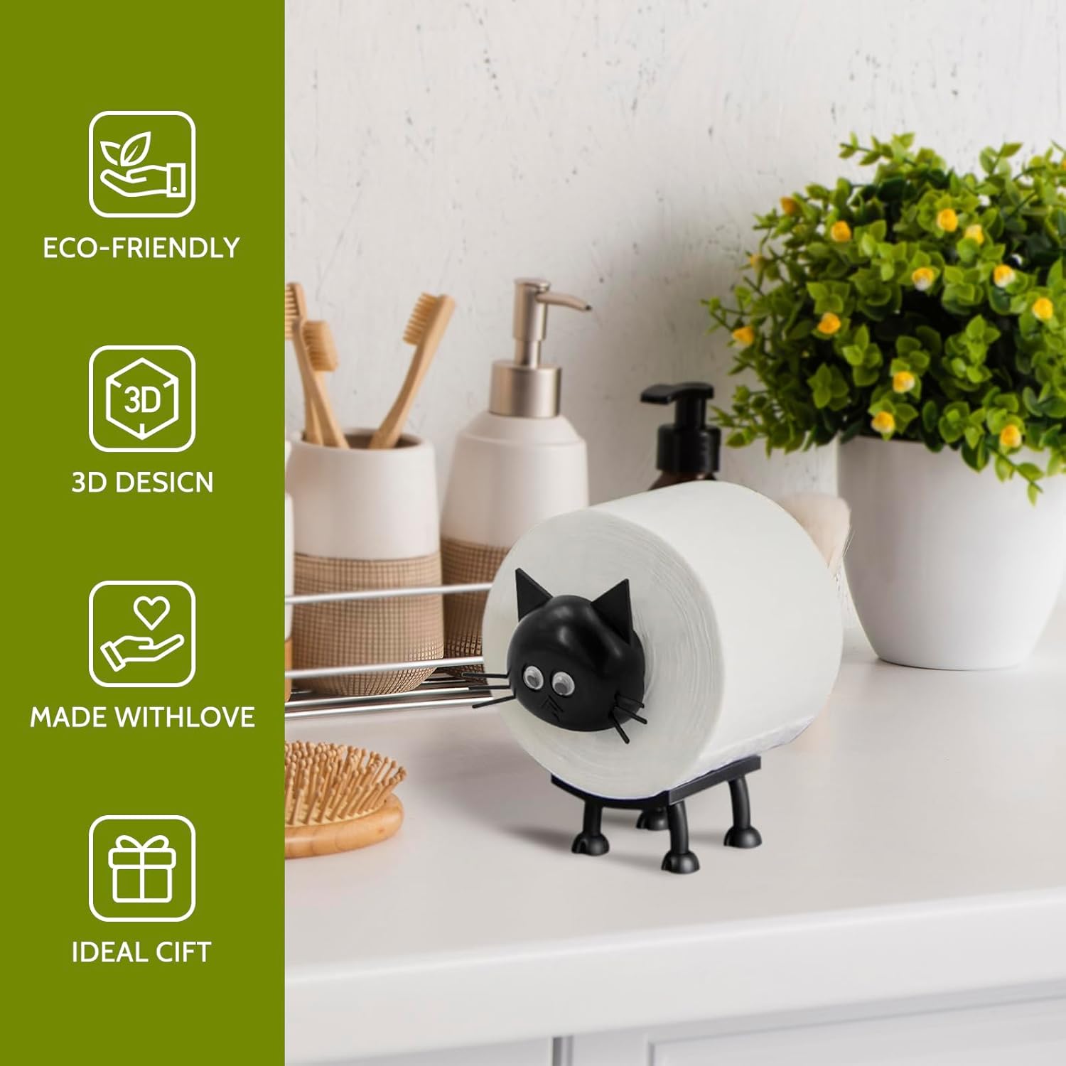 Cat Toilet Roll Holder: Tissue Paper Storage Stand - 3D Printed Black Loo Holder Bathroom Set for Shelf V1259-DP01-A-1073