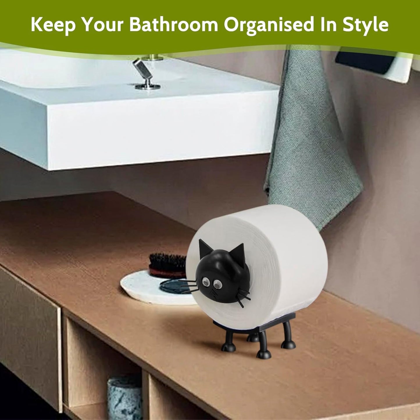 Cat Toilet Roll Holder: Tissue Paper Storage Stand - 3D Printed Black Loo Holder Bathroom Set for Shelf V1259-DP01-A-1073