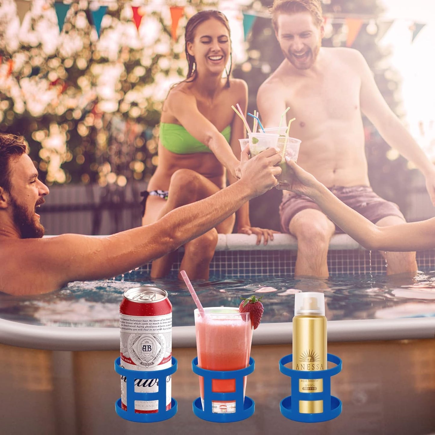 Poolside Cup Holder for Above Ground Pools, Pool Drink Holders Party ONLY FITS 2 Inch or Less Round Top Bar V1259-DP01-A-1074