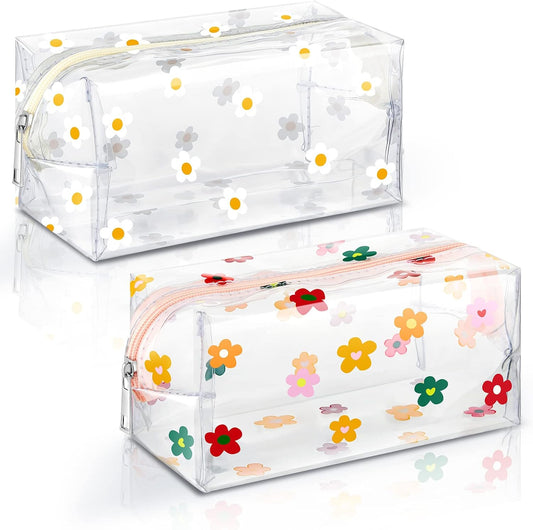 2 Pack Cute Flower Makeup Bags Daisy Zipper Pouches Floral Pencil Pouch Portable Toiletry for Women Travel V1259-DP01-A-1091