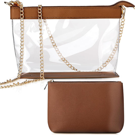 2 Pcs Clear Crossbody Bag for Women Stadium Approved Set Purse Handbags and Small Storage Pouch Brown V1259-DP01-A-1095