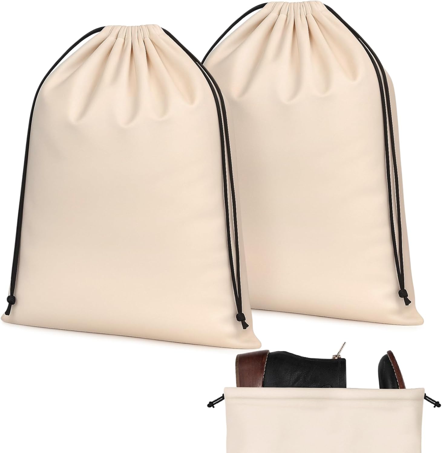 2 Pcs Silky Velvet Shoe Bags for Travel Cloth Dust Pouch with Drawstring Closure Beige Storage Packing V1259-DP01-A-1096