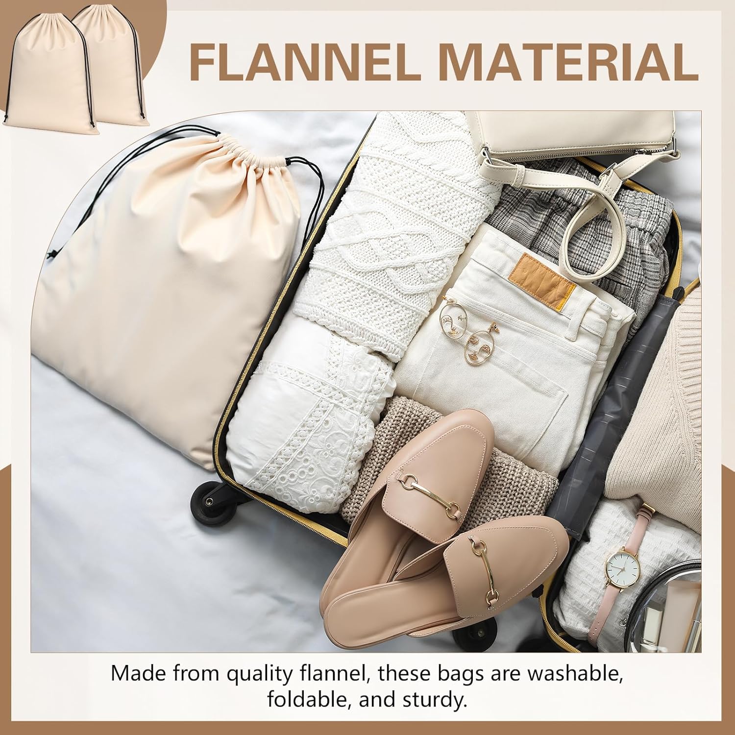 2 Pcs Silky Velvet Shoe Bags for Travel Cloth Dust Pouch with Drawstring Closure Beige Storage Packing V1259-DP01-A-1096