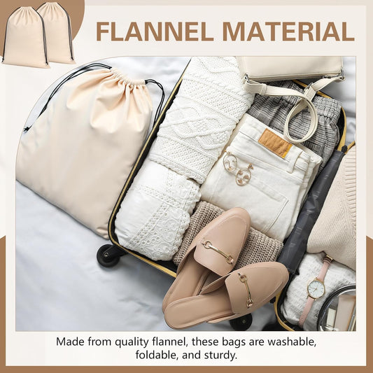 2 Pcs Silky Velvet Shoe Bags for Travel Cloth Dust Pouch with Drawstring Closure Beige Storage Packing V1259-DP01-A-1096