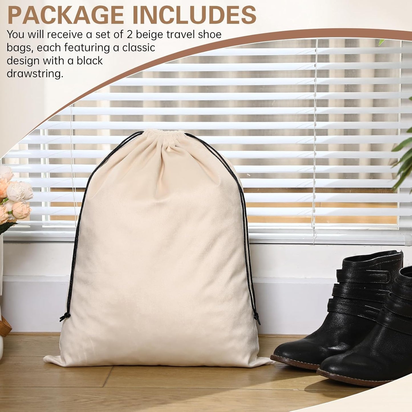 2 Pcs Silky Velvet Shoe Bags for Travel Cloth Dust Pouch with Drawstring Closure Beige Storage Packing V1259-DP01-A-1096